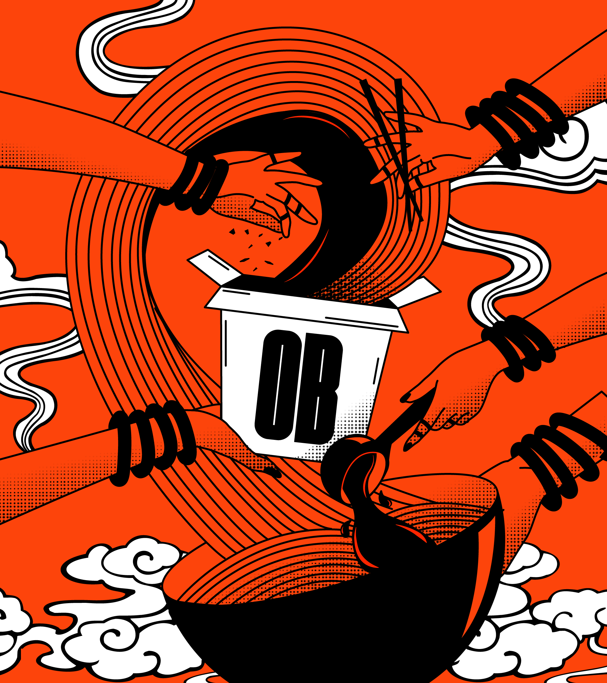 Ilustración Oriental Box con manos sosteniendo un box para llevar